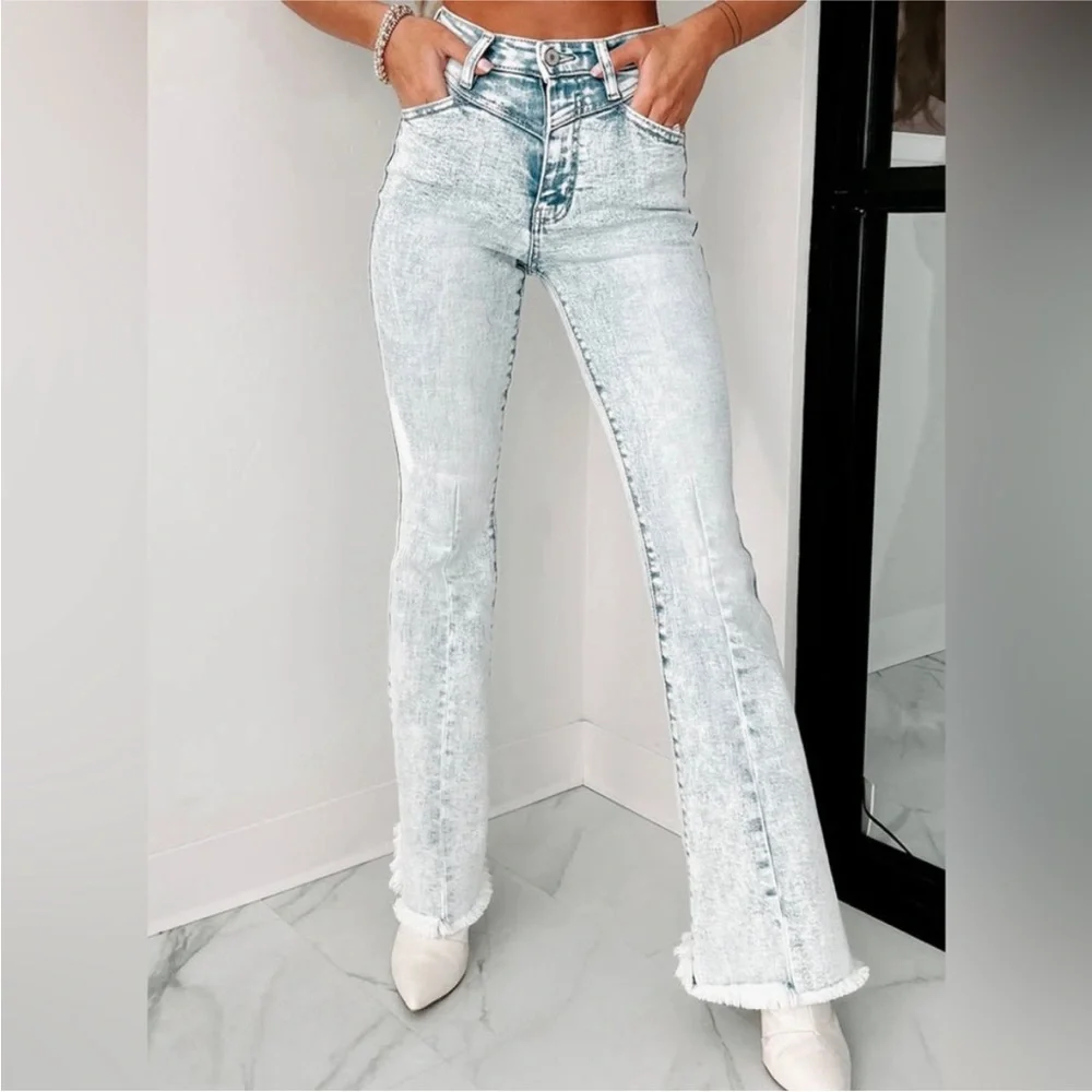 Kancan light wash acid wash high rise flare boho bohemian raw hem denim jeans - Picture 8 of 13